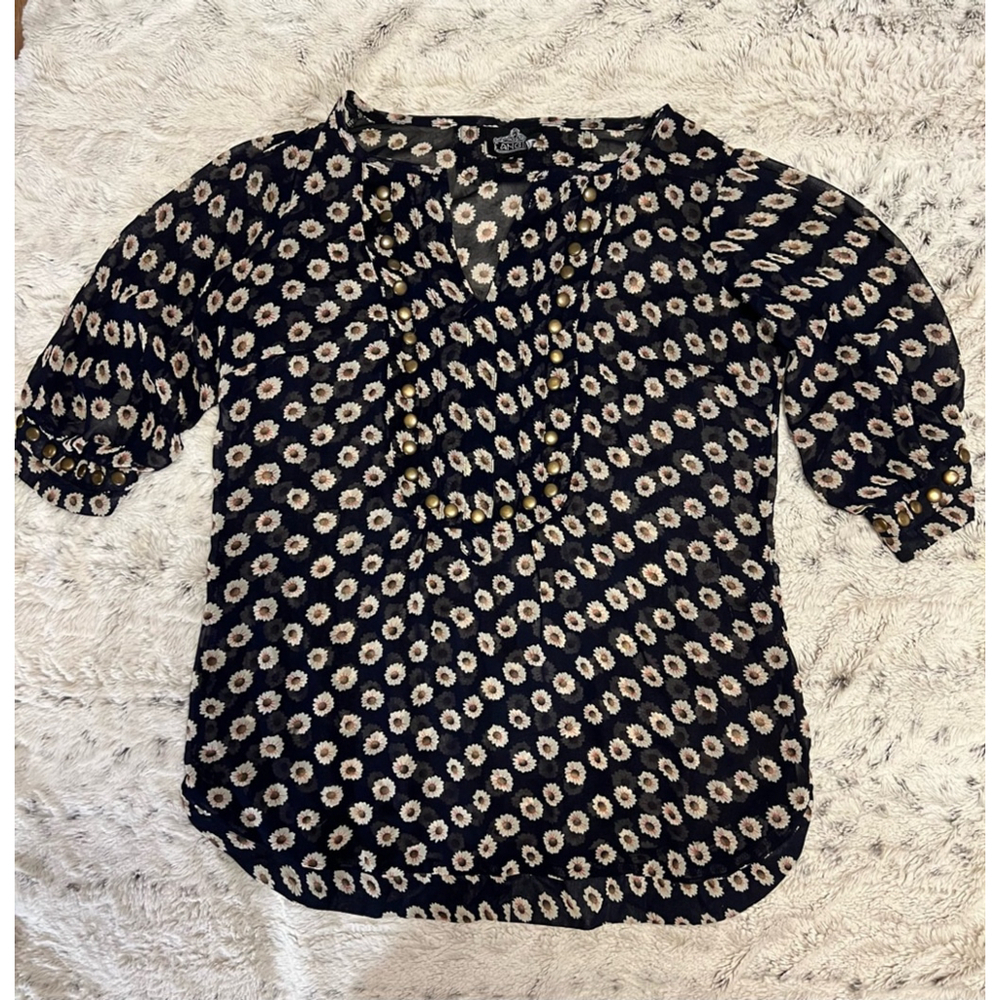 Angie Floral Print Blouse Top, Womens Size Medium, Navy Blue and White EUC